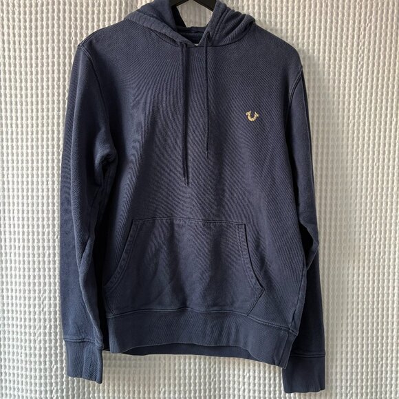 True Religion navy blue cotton hoodie drawstring kangaroo pocket men's medium - Picture 1 of 4